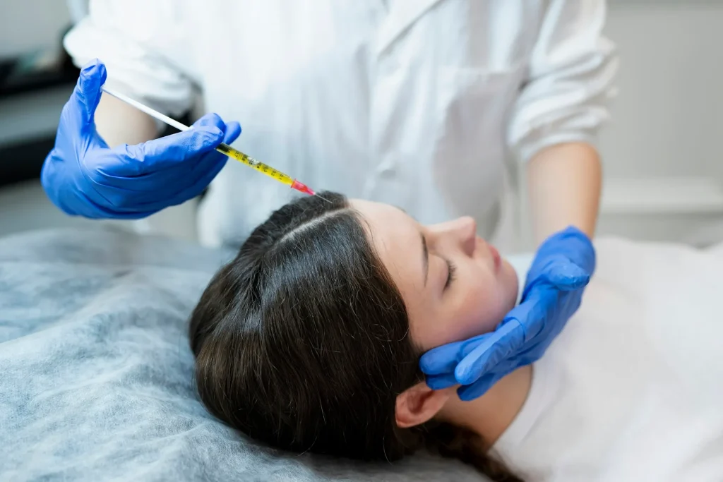 Aesthetic injector administering an injectable treatment to a client in a med spa