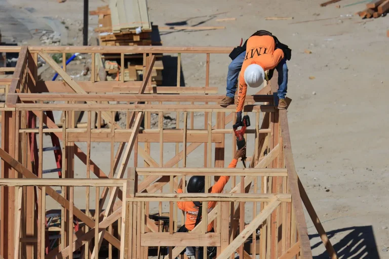 Trabajadores armando la estructura de madera de una casa